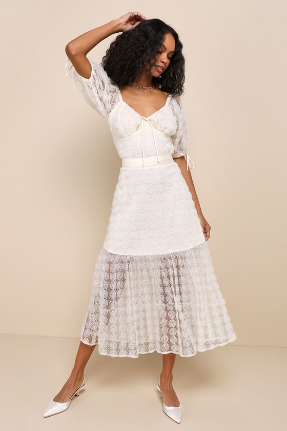 Shop Lulus Ideal Adoration Cream Tulle Swiss Dot Rosette Midi Skirt In White