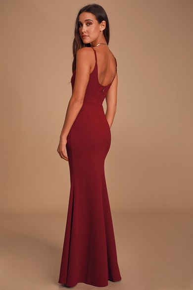 Wine Red Prom Gown with Strappy Backless
