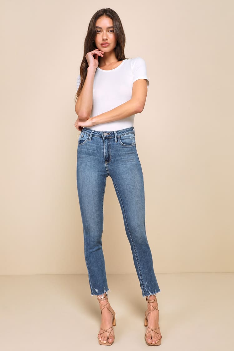 Medium Wash Straight Jeans - Slim Raw Hem Jeans - High-Rise Jeans - Lulus