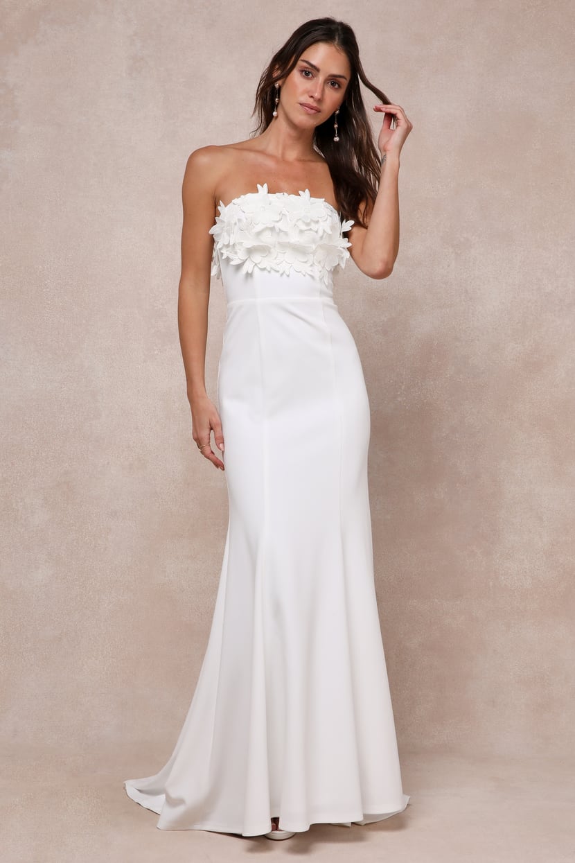 Love Garden Ivory 3D Floral Embroidered Strapless Maxi Dress