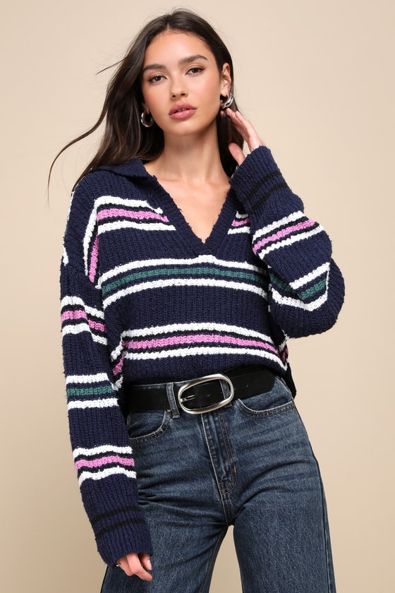 FREE PEOPLE KENNEDY NAVY BLUE STRIPED COLLARED LONG SLEEVE PULLOVER SWEATER