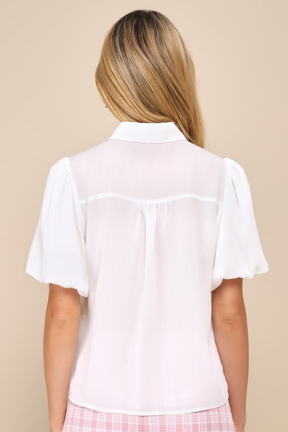 Shop Lulus Polished Persona White Puff Sleeve Collared Button-up Top