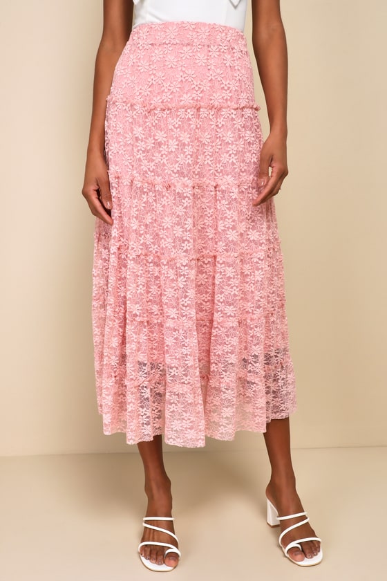 Easily the Sweetest Mauve Pink Lace Tiered High-Rise Midi Skirt