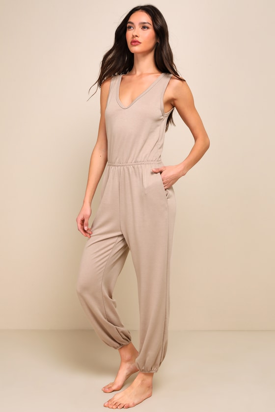 Shop Lulus Born To Lounge Taupe Terry Knit Sleeveless Lounge Jumpsuit