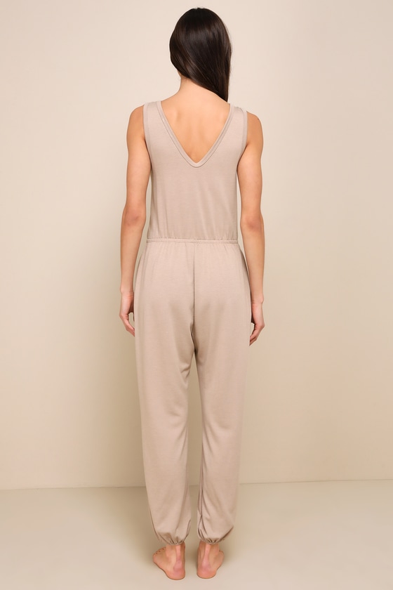 Shop Lulus Born To Lounge Taupe Terry Knit Sleeveless Lounge Jumpsuit