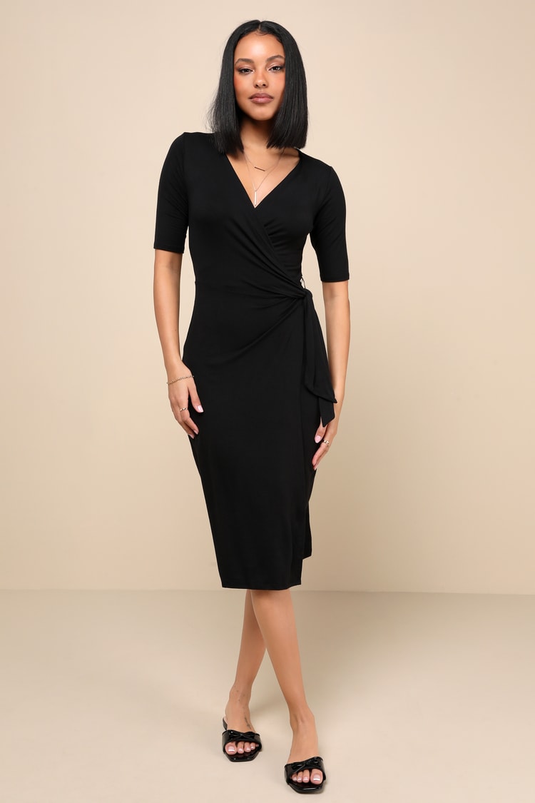 Chic Black Dress - Midi Wrap Dress - Jersey Knit Dress - Lulus