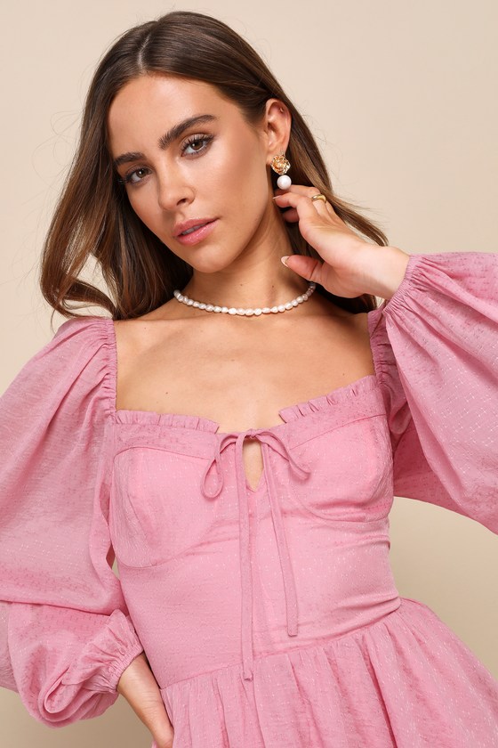 Shop Lulus Adorable Perfection Pink Balloon Sleeve Bustier Romper