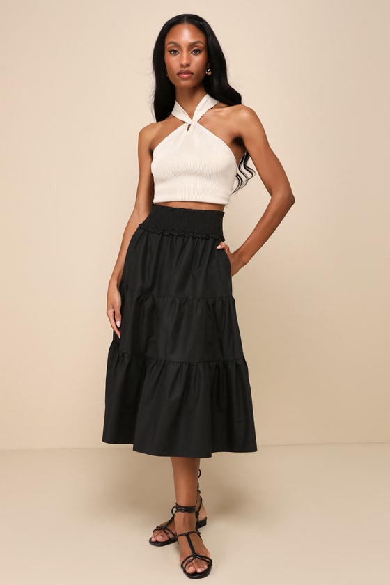 Shop Lulus Covetable Charm Black Poplin Tiered Midi Skirt