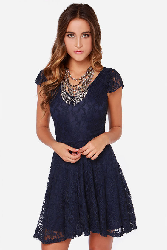 Navy Blue Dress - Lace Dress - Skater Dress - $44.00 - Lulus