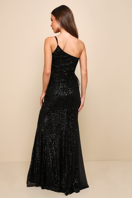 Black Maxi Dress - One-Shoulder Dress - Sequin Feather Dress - Lulus