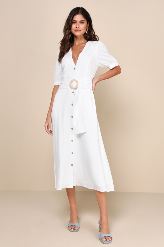 Shop Lulus Blissful Simplicity White Puff Sleeve Midi Dress With Pockets