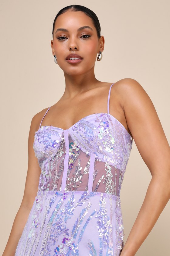 Shop Lulus Perfection Seeker Lavender Iridescent Sequin Bustier Maxi Dress In Purple