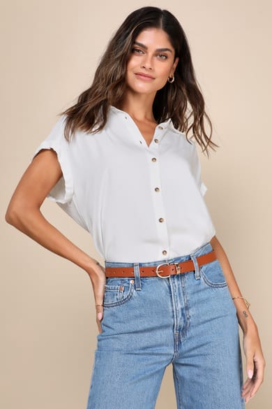 Blythe White Short Sleeve Button-Up Top