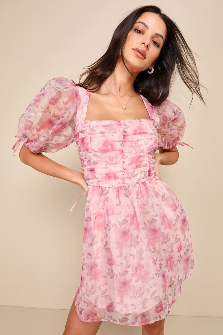 Pink Floral Organza Dress - Backless Mini Dress - Lace-Up Dress - Lulus