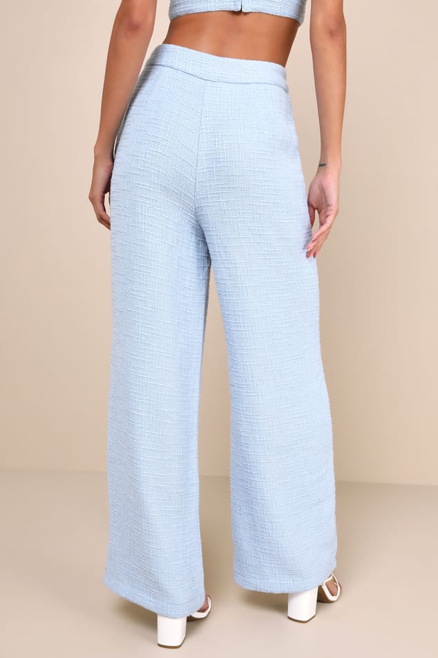 Chic and Sophisticated Light Blue Tweed Wide-Leg Pants