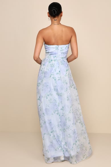 Light Blue Floral Dress - Lace-Up Maxi Dress - Strapless Dress - Lulus