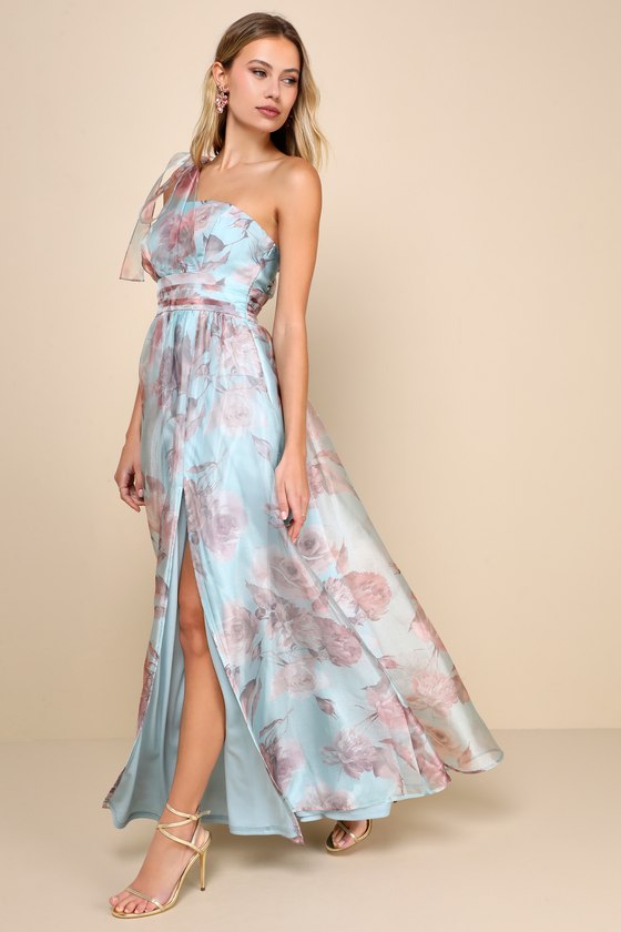 Shop Lulus Dramatically Lovely Blue Floral Organza One-shoulder Maxi Dress