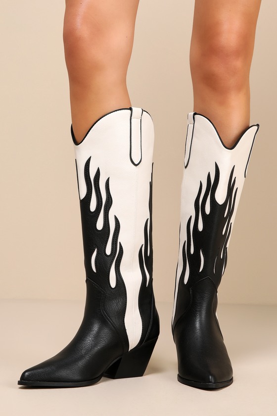 Shop Billini Zarina Black And Ivory Flame Knee-high Slip-on Western Boots