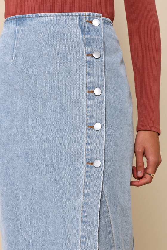 Shop Lulus Covetable Cutie Light Wash Denim Button-front Midi Skirt In Blue