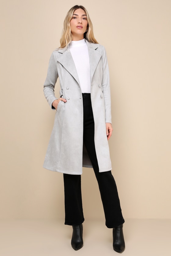 Chic Calling Light Grey Suede Trench Coat