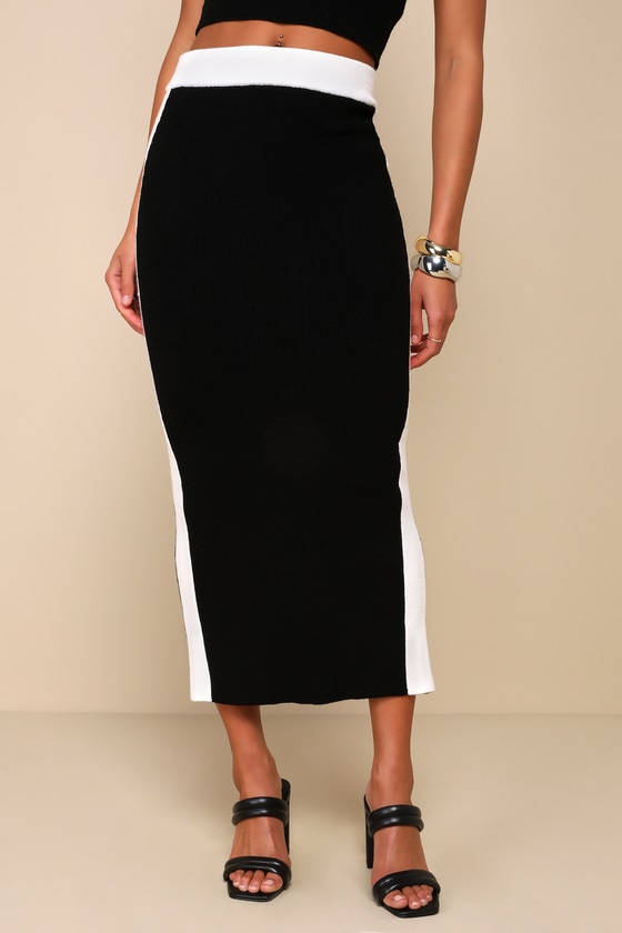 Black Color Block Skirt - Ribbed Knit Skirt - Bodycon Midi Skirt - Lulus
