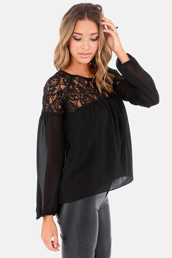 Cute Black Top - Lace Top - Long Sleeve Top - $36.00