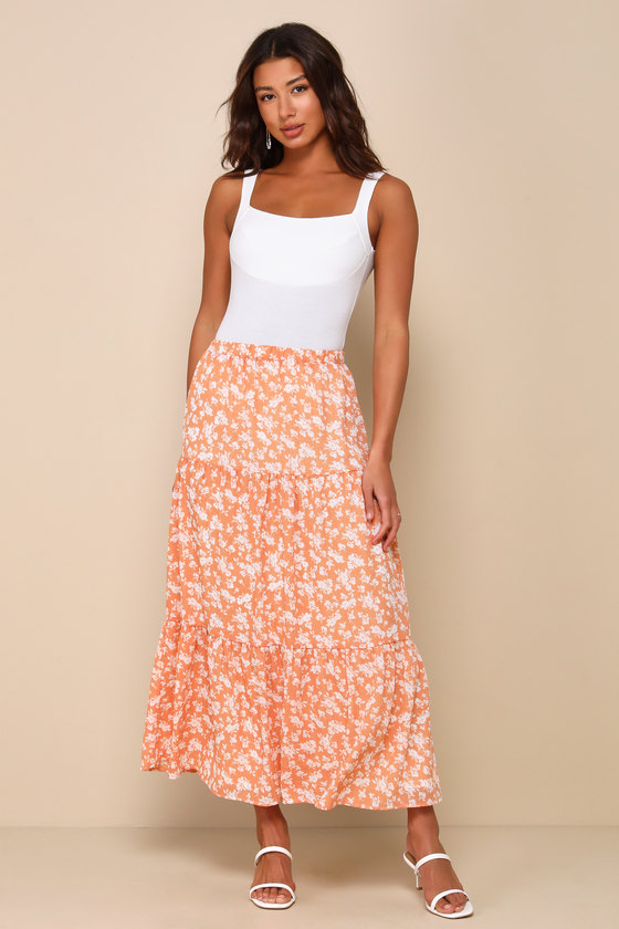 Shop Lulus Perfect Disposition Orange Floral Print Tiered Maxi Skirt