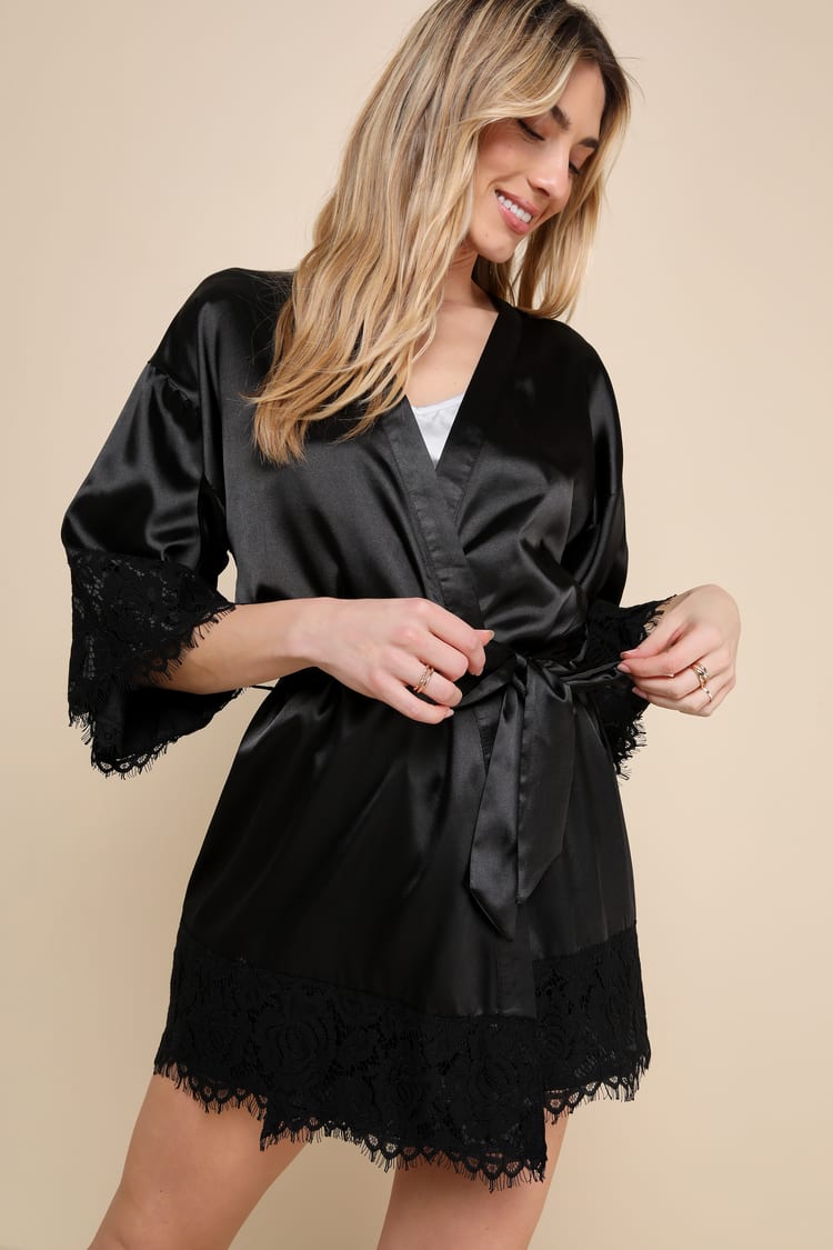 Black Lace Satin Short Robe | Womens | Medium (Available in L) | Lulus