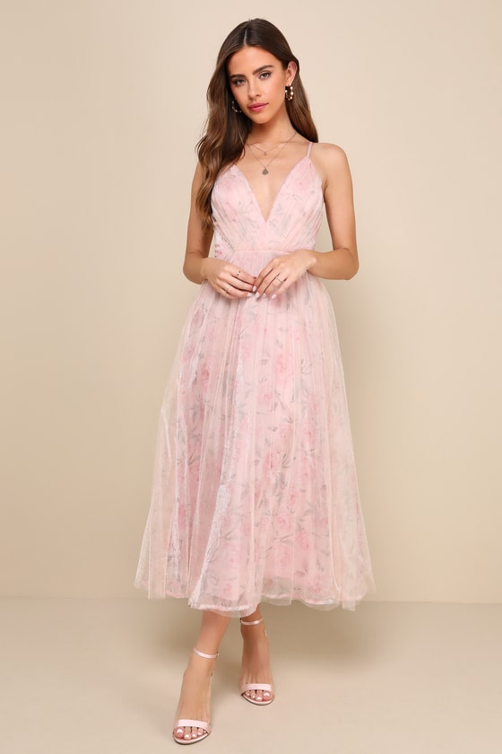 Lulus Blissfully Lovely Blush Pink Floral Mesh Pleated Midi Dress