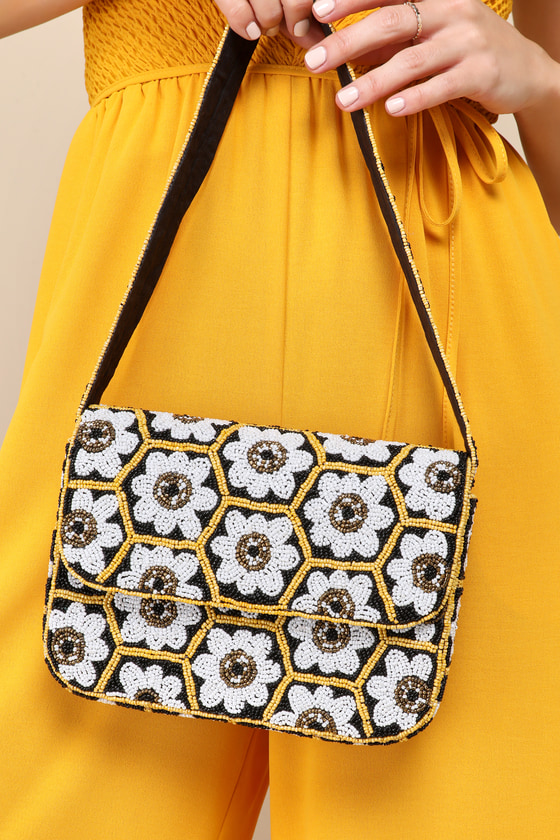 Shop Lulus Springtime Selection Black Multi Floral Beaded Shoulder Bag