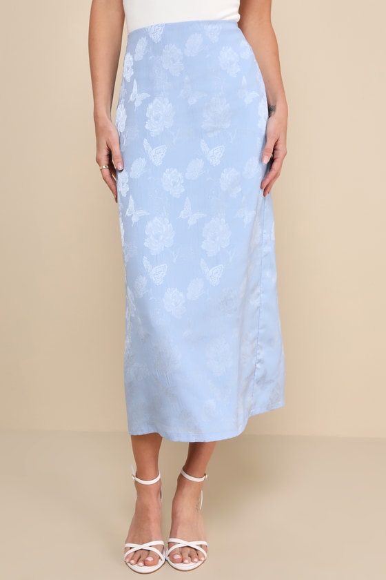 Light Blue Floral Skirt - Jacquard Midi Skirt - Crinkled Skirt - Lulus