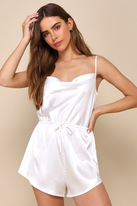 White Satin Lingerie Romper - White Lace Romper - Lounge Romper - Lulus