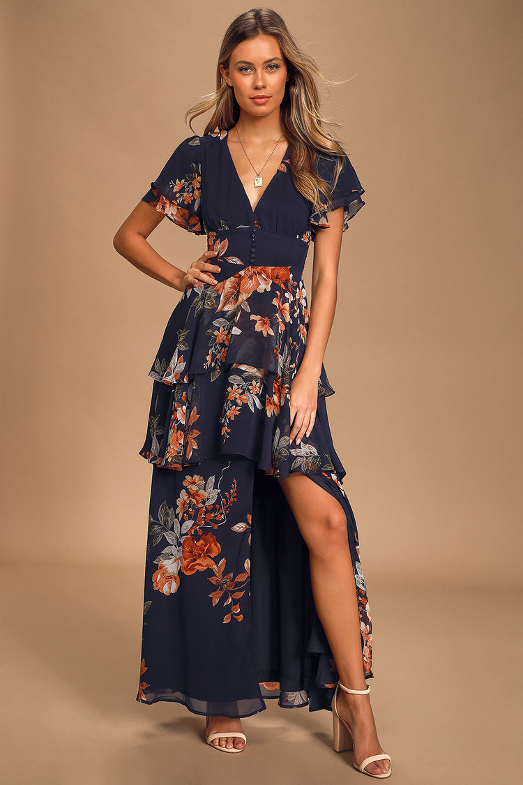 Lovely Navy Blue Dress - Tiered Maxi Dress - Floral Print Dress - Lulus