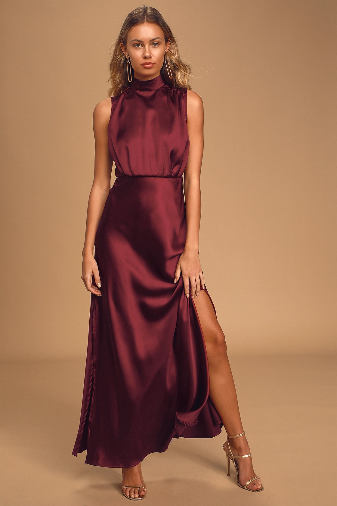 Classic Elegance Wine Satin Maxi Dress