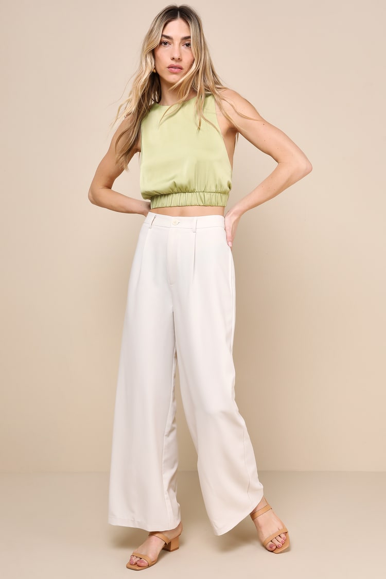 Totally Sophisticated Beige High-Rise Wide-Leg Trouser Pants