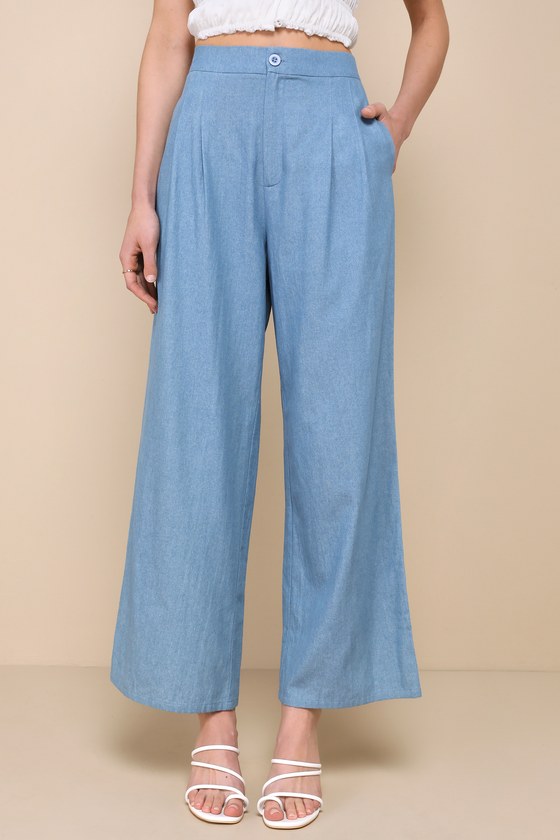 Blue Chambray Pants - Pleated Wide-Leg Pants - Lightweight Pants - Lulus