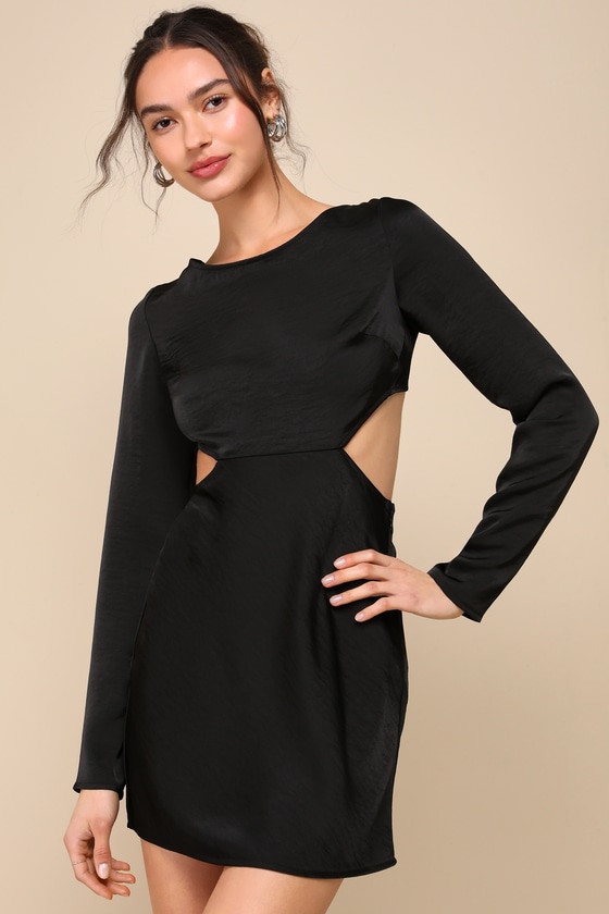 Black Satin Dress - Backless Mini Dress - Long Sleeve Dress - Lulus