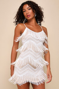 Dancefloor Dazzler White Sequin Fringe Sleeveless Mini Dress