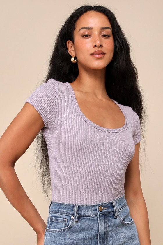 Shop Lulus Casually Essential Dusty Lavender Ribbed Short Sleeve Bodysuit In Purple