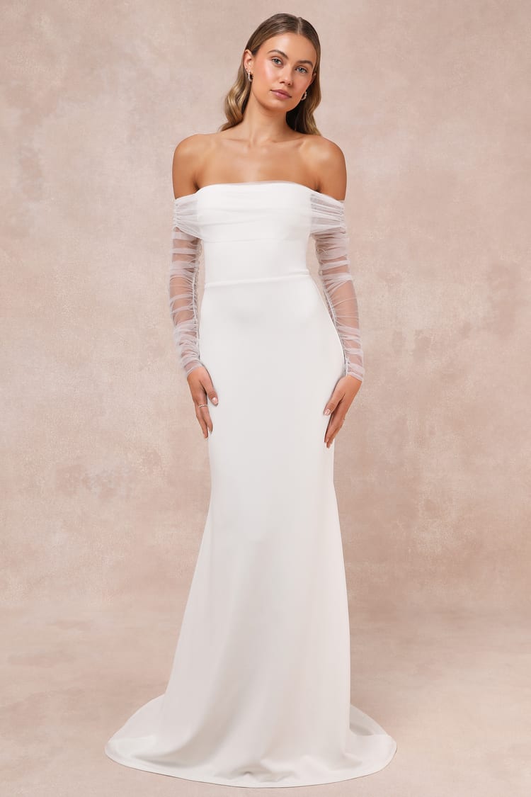 White Mesh Dress - Off-the-Shoulder Maxi Dress - OTS Mesh Dress