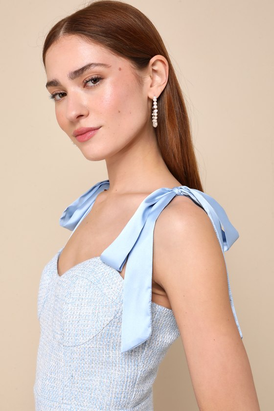Shop Lulus Adorable Trait Light Blue Tweed Tie-strap Bustier Mini Dress