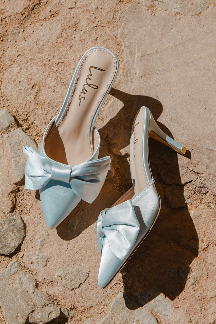 Blue Satin Mules - Pointed-Toe Heeled Mules - Bow Mule Pumps - Lulus