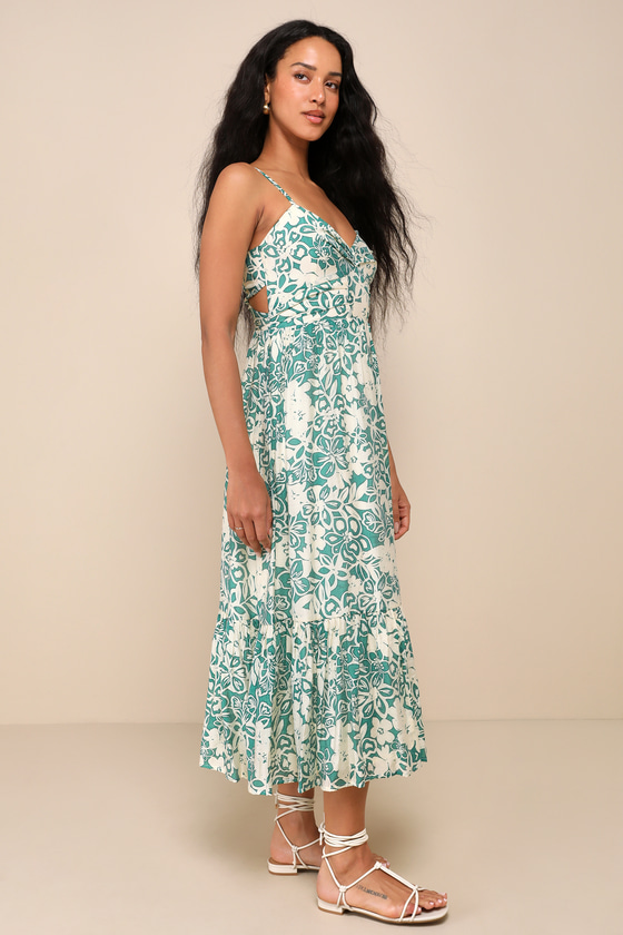 Shop Lulus Picture-perfect Aura Green Floral Cutout Ruffled Midi Dress