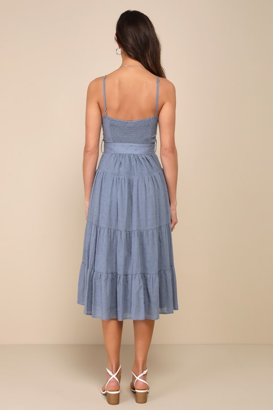 Shop Lulus Sweet Merriment Slate Blue Swiss Dot Bustier Tiered Midi Dress