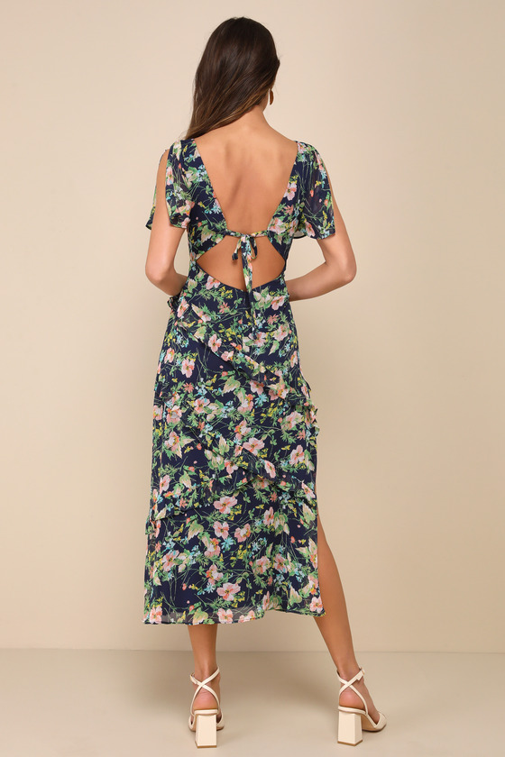 Blue Floral Print Dress - Backless Midi Dress - Ruffled Dress - Lulus