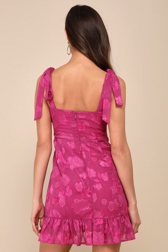 Magenta Floral Mini Dress - Embroidered Dress - Tie-Strap Dress - Lulus