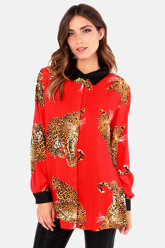 red and black animal print top