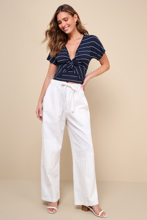 Shop Lulus Cute Expedition Navy Blue Striped Twist-front Short Sleeve Top