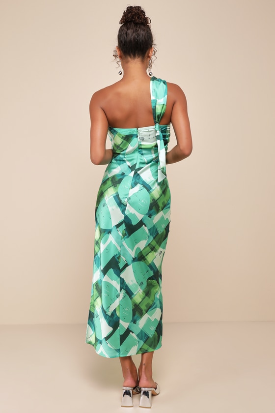 Shop Lulus Iconic Presence Green Abstract Satin One-shoulder Midi Dress