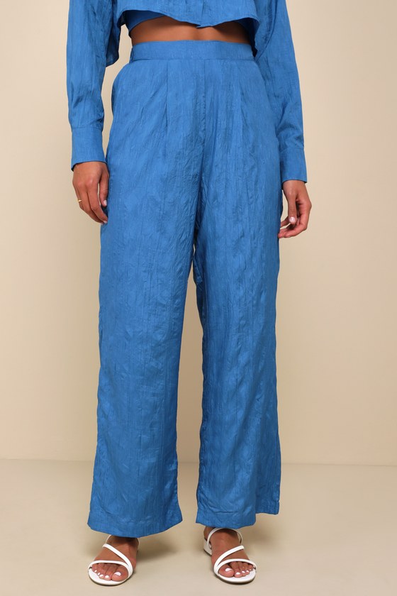Shop Lulus Getaway Aesthetic Blue Textured Wide-leg High-rise Pants